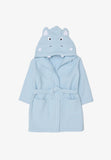 A light blue waffle-knit hooded robe with a dinosaur face design on the hood, featuring a tie belt and front pockets, shown against a plain white background.