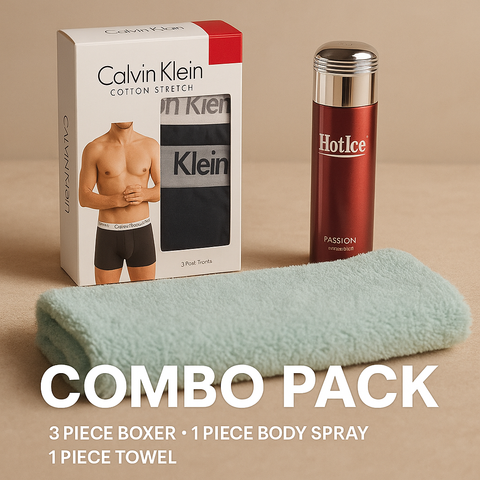 MEN'S COMBO PACK (3 PIECES BOXER, 1 PIECE BODY SPRAY AND 1 PIECE TOWEL)