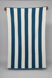 Blue and white striped towel held up against a green wall with office chairs and a desk in the background.